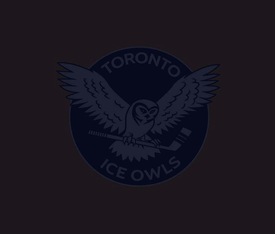 A logo that says 'TORONTO ICE OWLS' in white, with a white bird inside a blue circle. There is a dark overlay over the image.