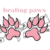 In pink font, 'healing paws' is written, with two pink paws below, in front of a sketch of flowers.