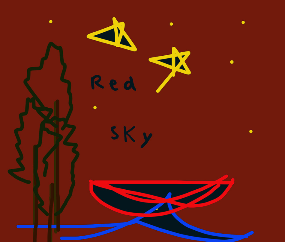 'Red Sky' is drawn in blue, on a red background. There are also drawings of stars in yellow, trees in green and a boat in red.